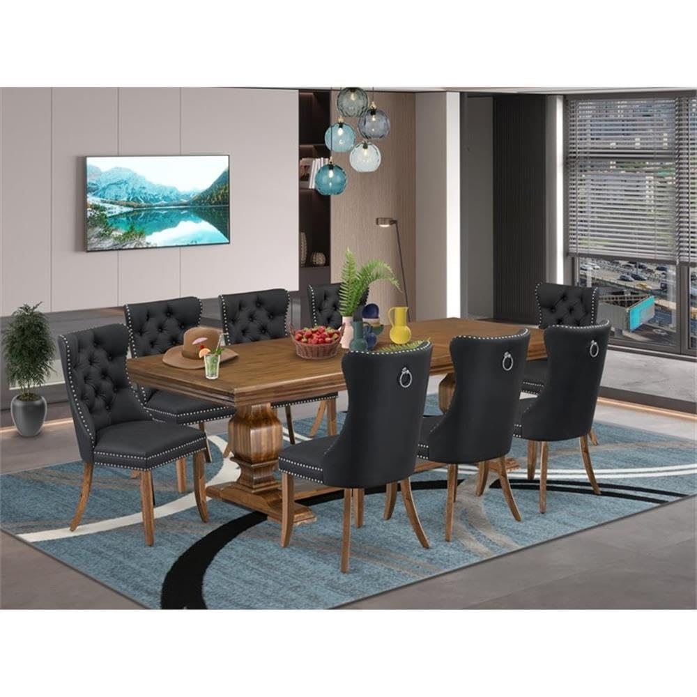 9-Piece Acacia Wood Dining Table Set with Faux Leather Chairs P522970