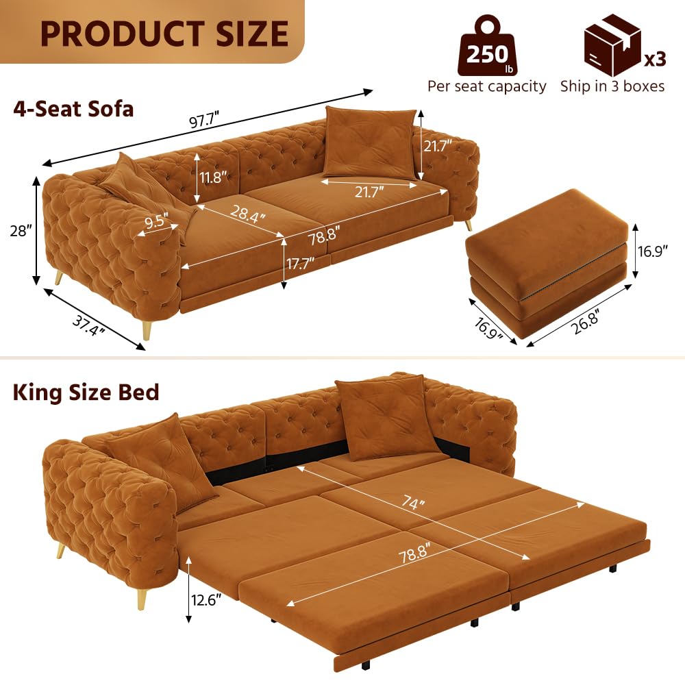 Orange Velvet Convertible Sleeper Sofa with Ottoman F102