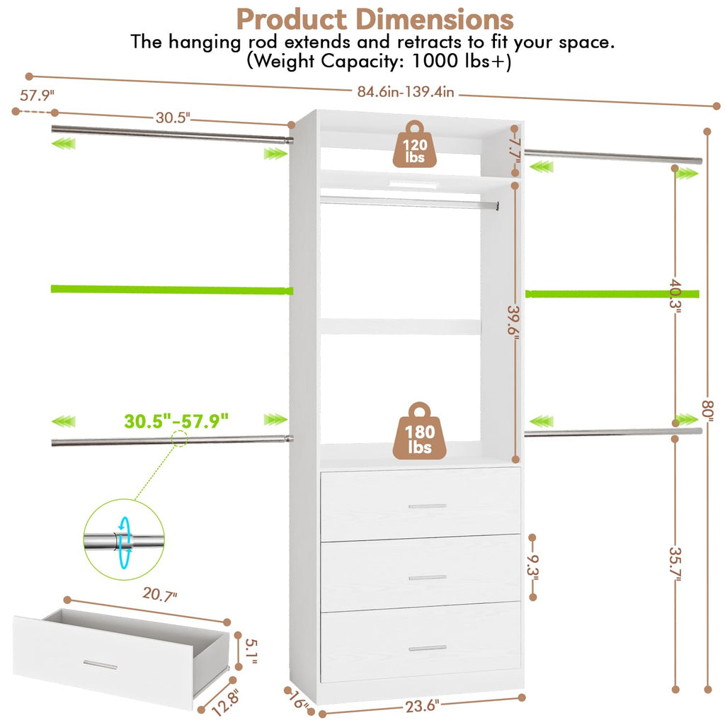 Wooden 11FT Closet Organizer with 3 Drawers and 4 Hanging Rods White P77953