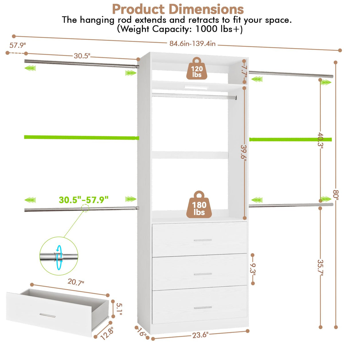 Wooden 11FT Closet Organizer with 3 Drawers and 4 Hanging Rods White P77953