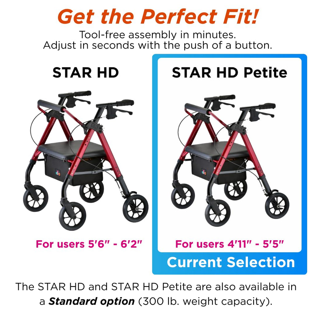 Heavy Duty Petite Rollator Walker with Padded Seat, 8" Wheels, Red A686214