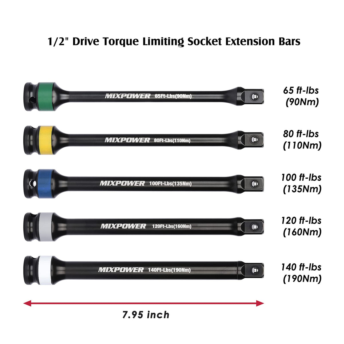 5 Piece 1/2" Drive Torque Limiting Socket Extension Bars R9953