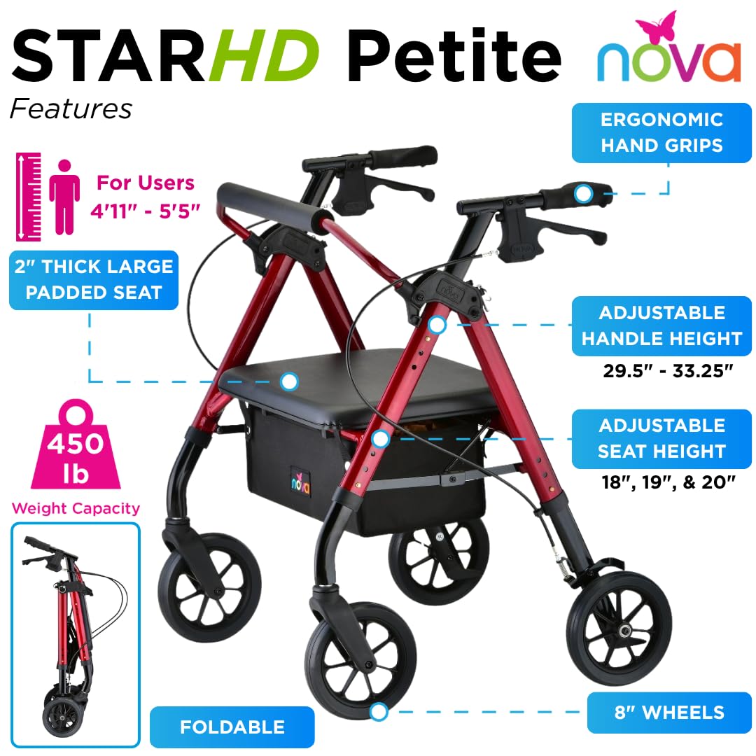 Heavy Duty Petite Rollator Walker with Padded Seat, 8" Wheels, Red A686214