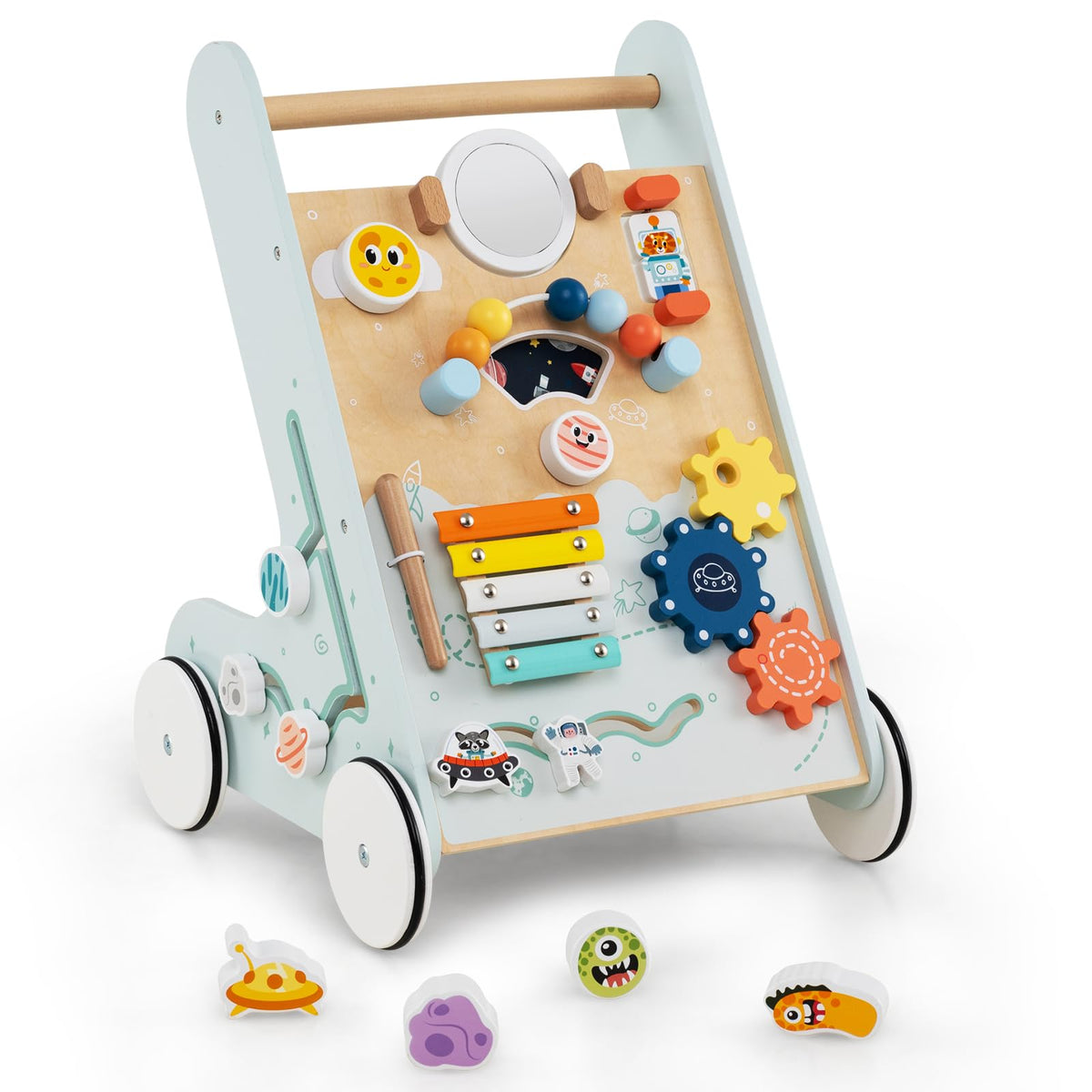 Wooden Baby Walker Push and Pull Learning Activity Center with Wheels Storage Green N61985