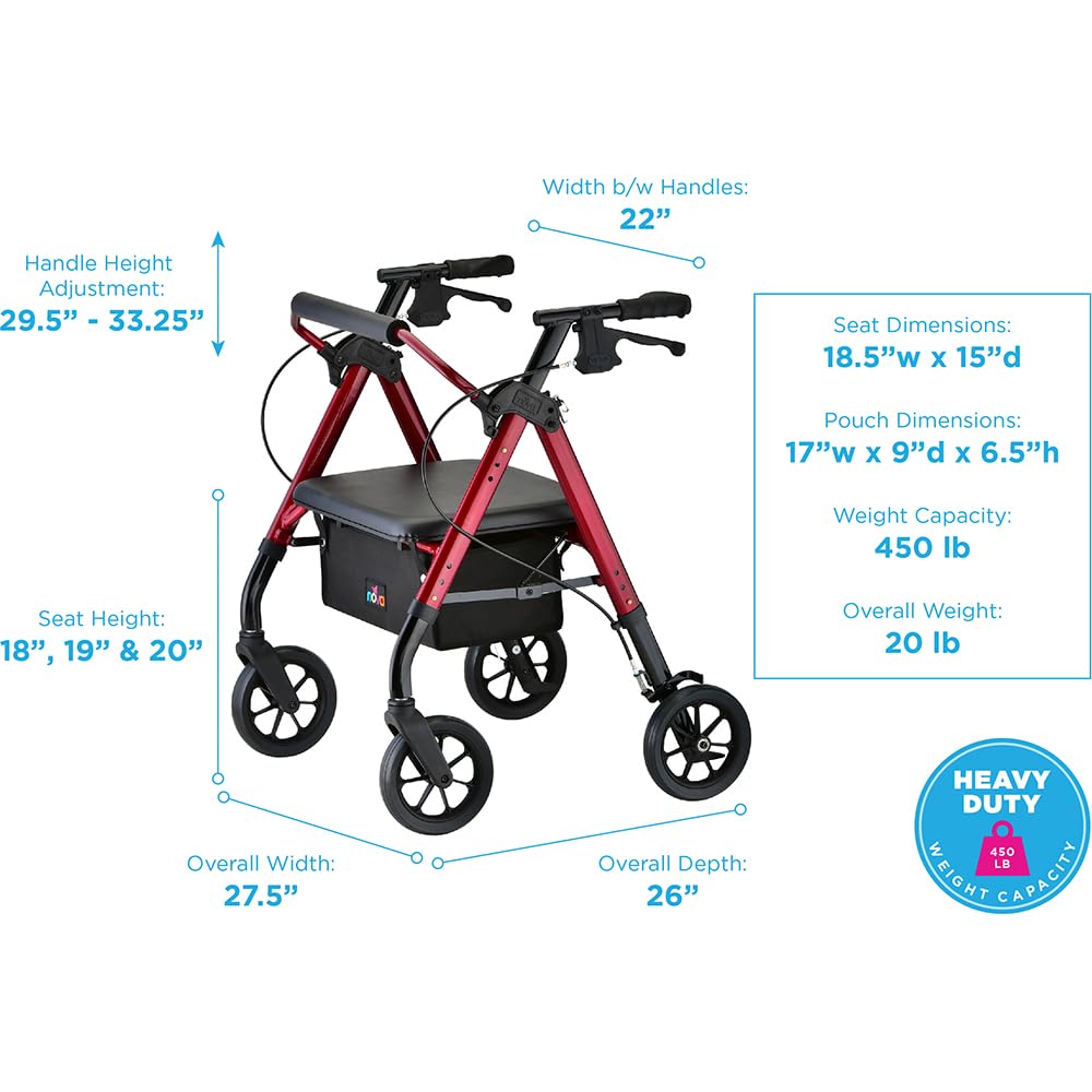 Heavy Duty Petite Rollator Walker with Padded Seat, 8" Wheels, Red A686214