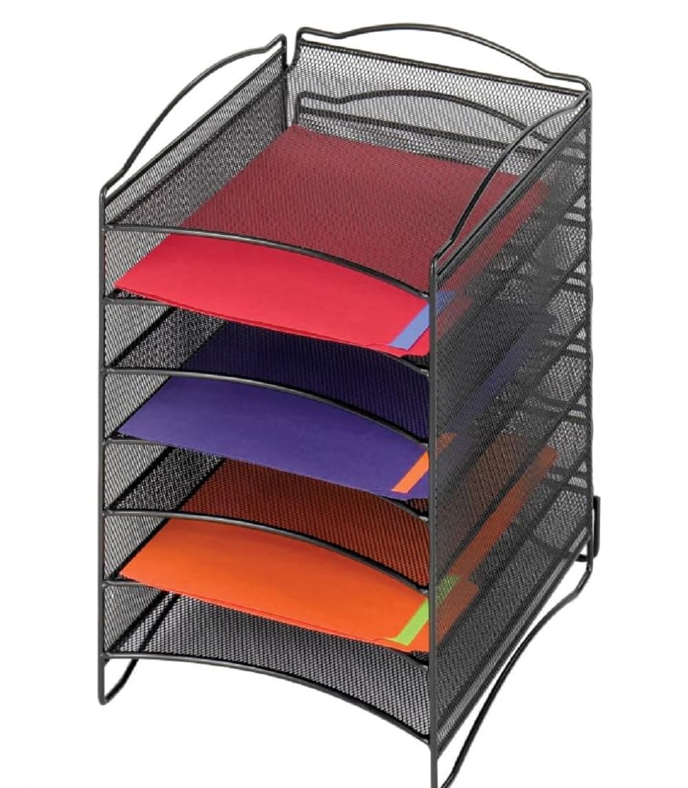 Black 6 Compartments Mesh Steel Literature Organizer A64499