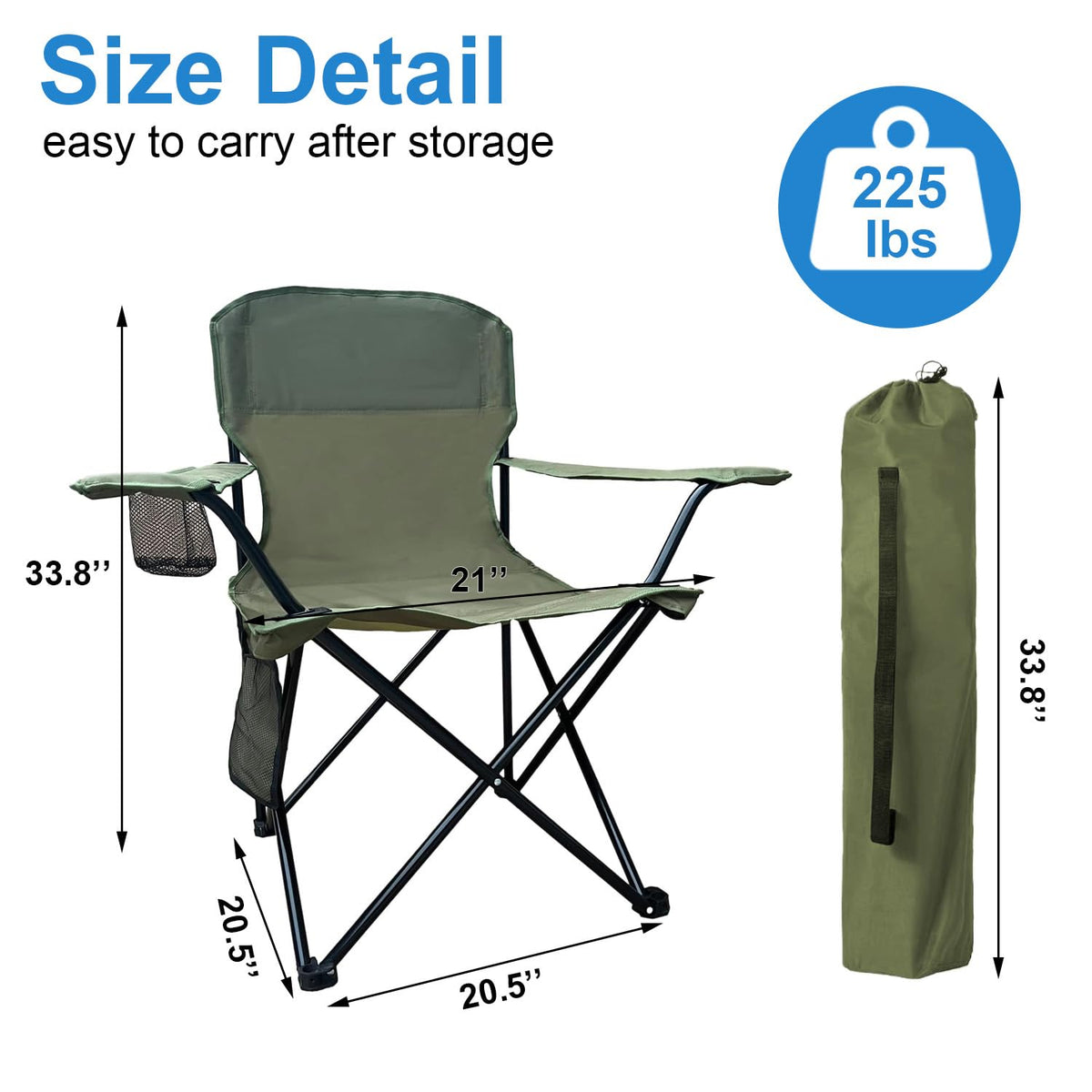 2 Pack Folding Camping Chairs with High Back, 300lbs Capacity, Green O910040