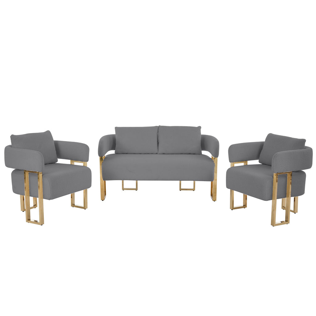 Gray Upholstered Loveseat Sofa and 2 Accent Chairs with Golden Legs M358