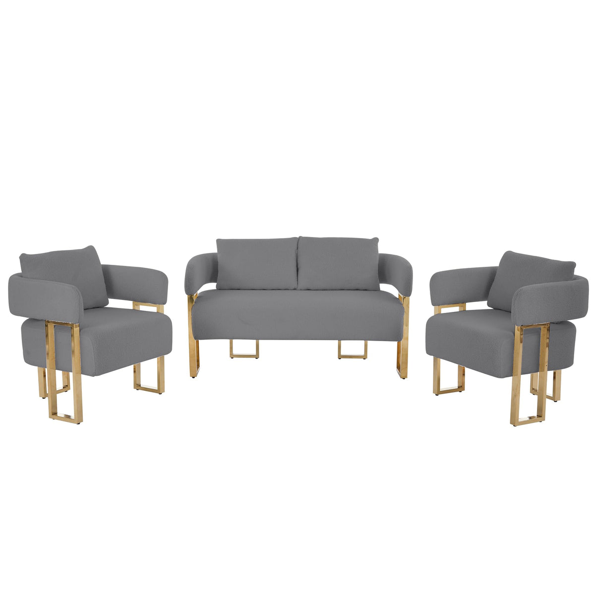 Gray Upholstered Loveseat Sofa and 2 Accent Chairs with Golden Legs M358