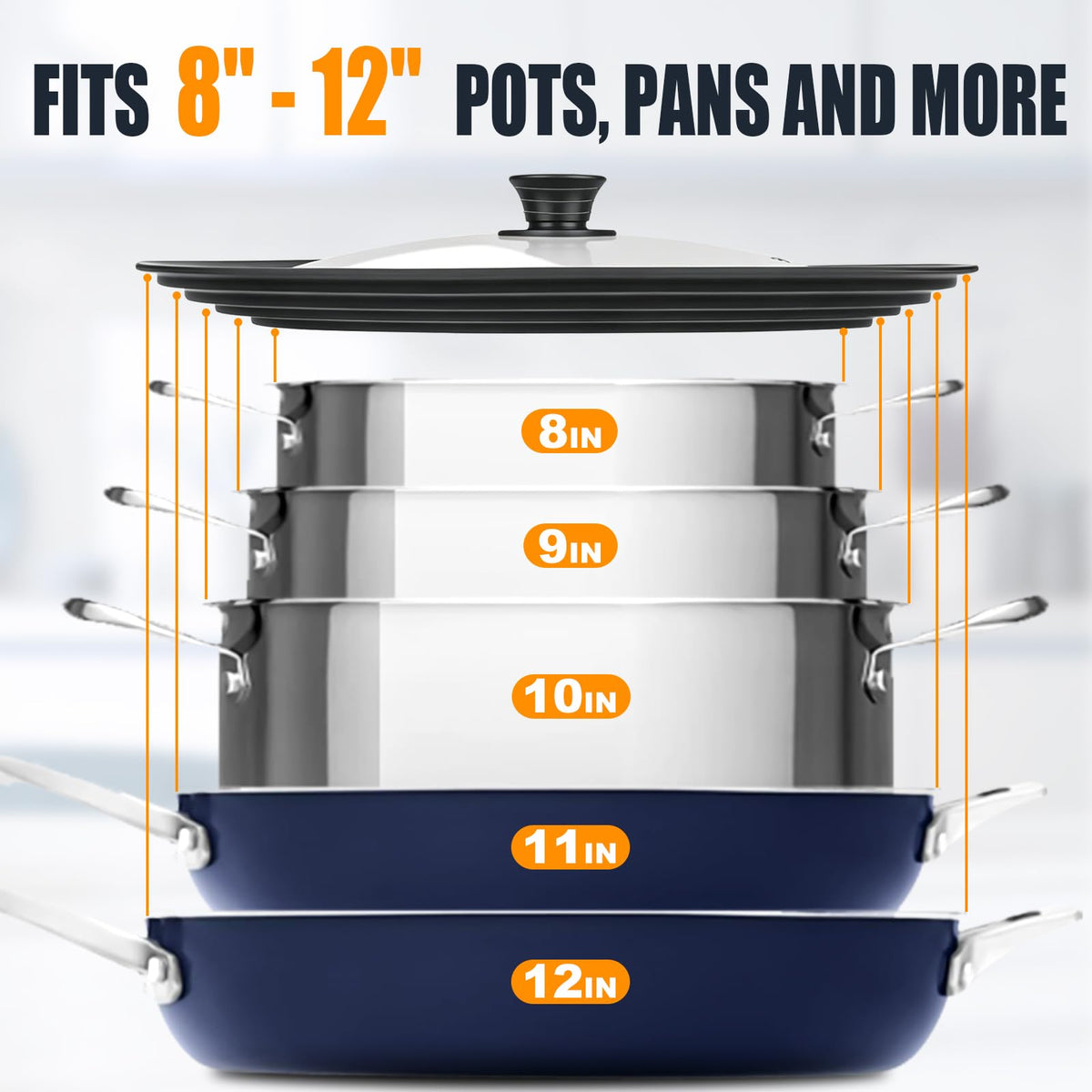 Universal Pan Lid with Heat Resistant Silicone Rim and Tempered Glass, Fits 8" to 12" Cookware T6705