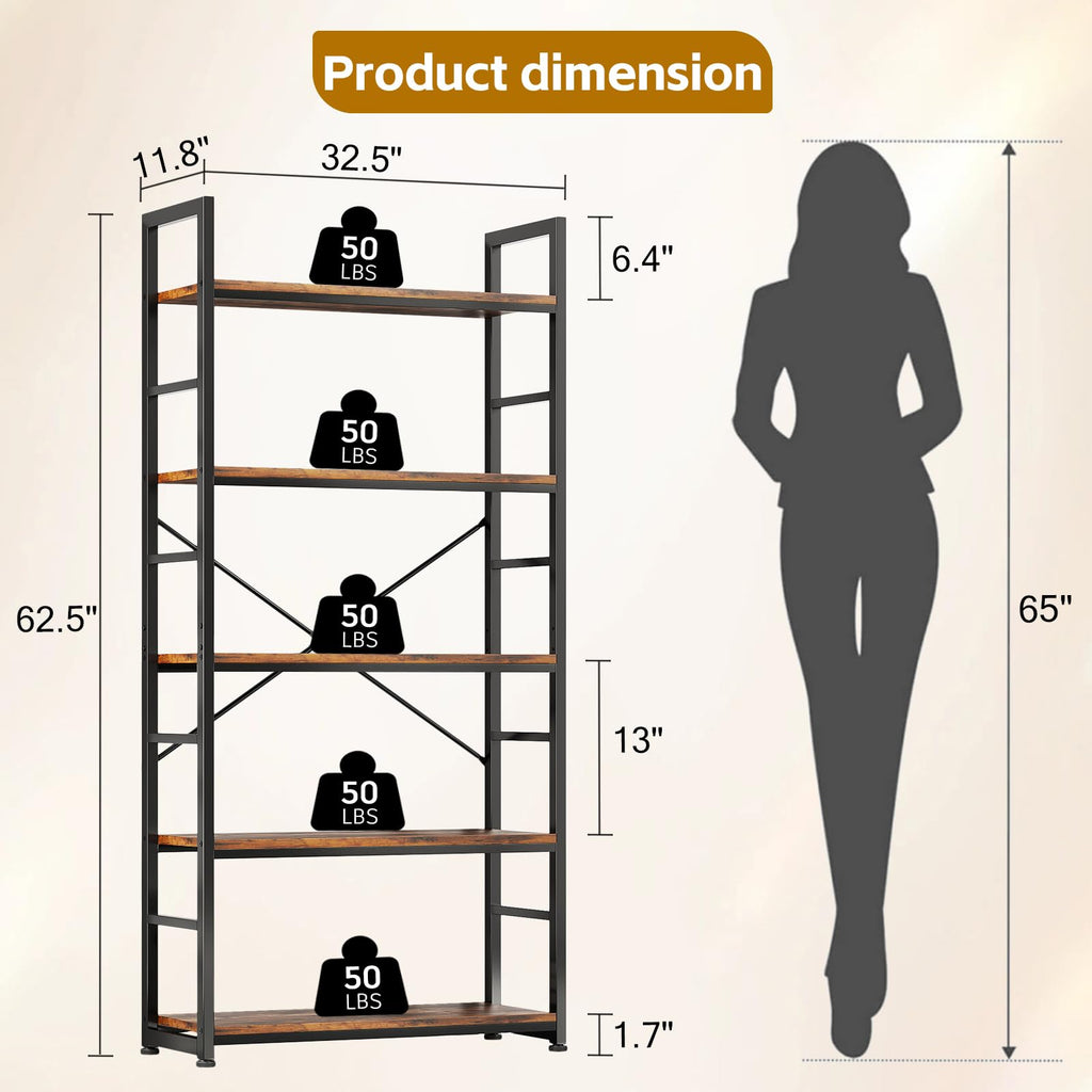 32 Inch 5-Tier Wood Metal Bookshelf R4361