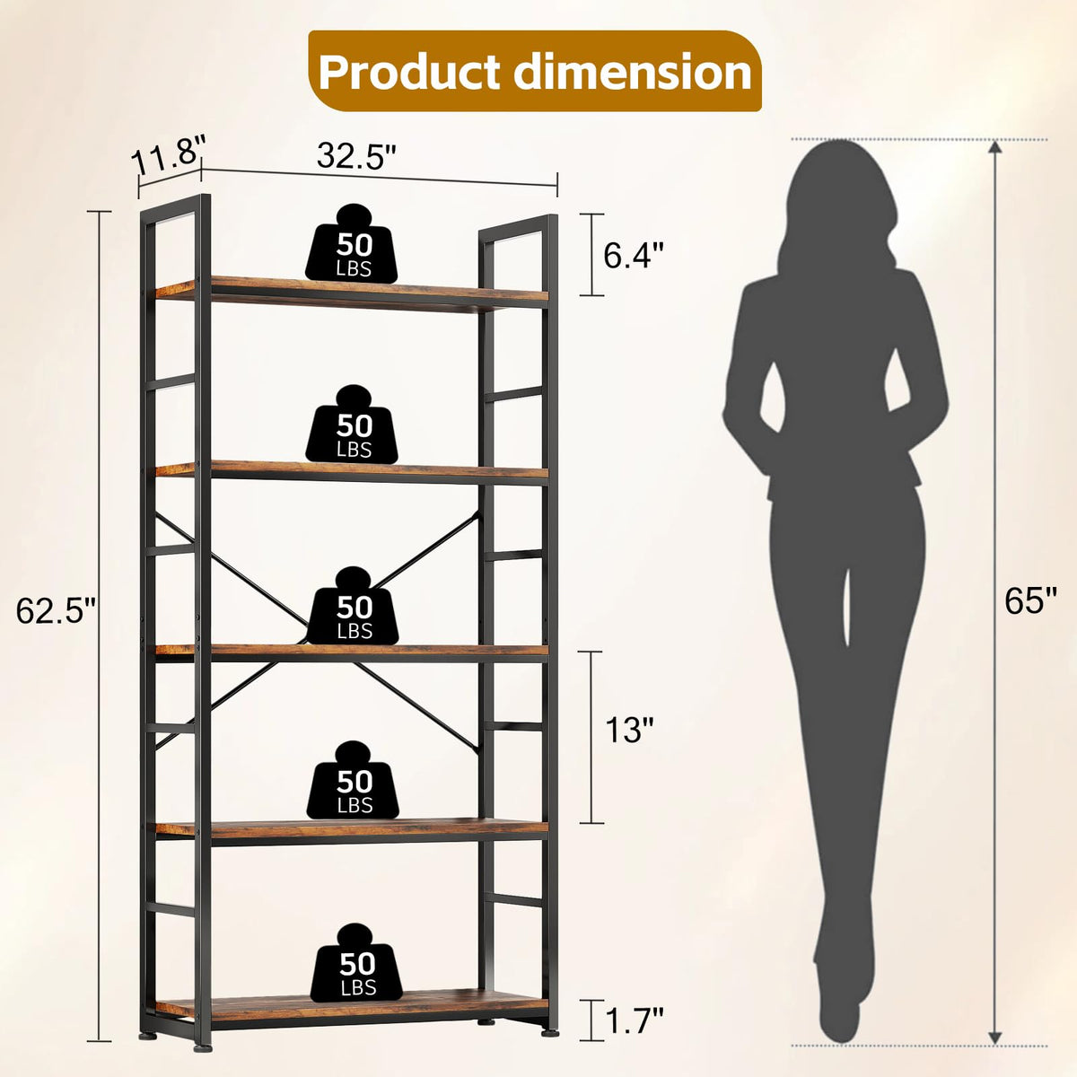 32 Inch 5-Tier Wood Metal Bookshelf R4361