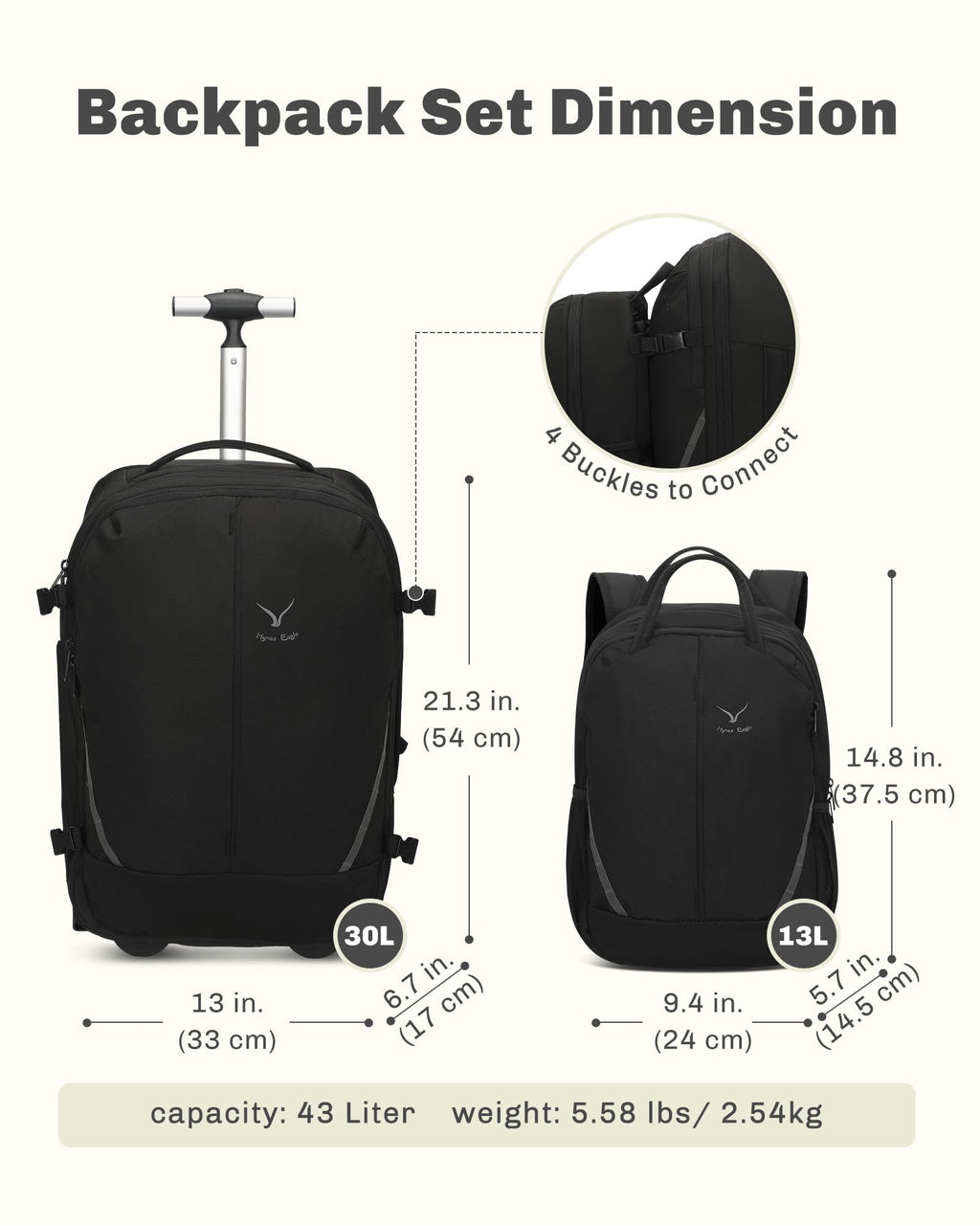Rolling Backpack with Wheels 43L with Packing Cubes Set K494383
