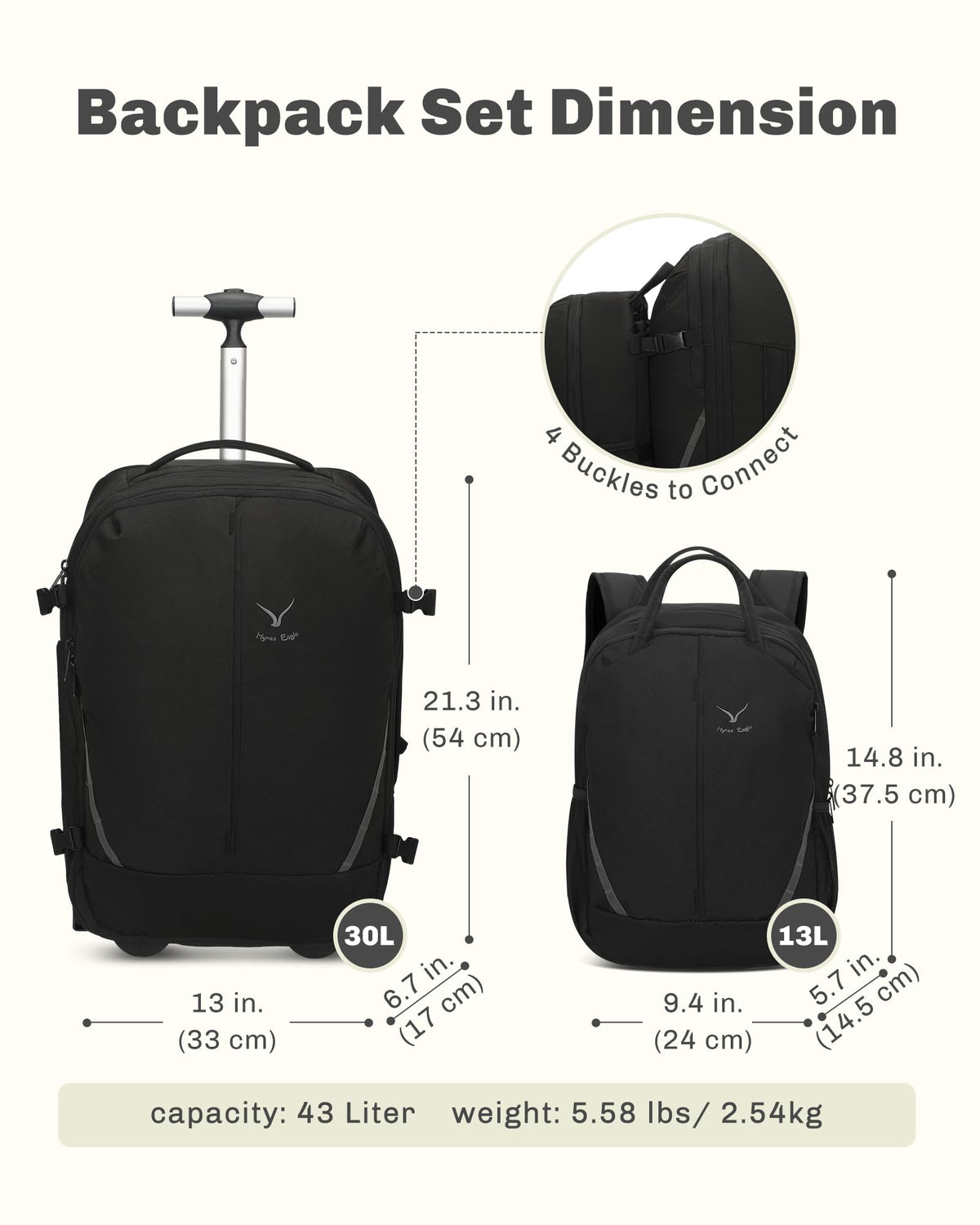 Rolling Backpack with Wheels 43L with Packing Cubes Set K494383