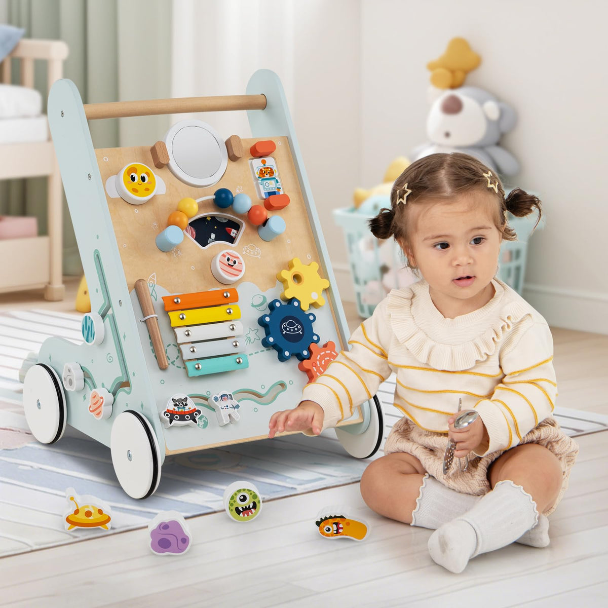 Wooden Baby Walker Push and Pull Learning Activity Center with Wheels Storage Green N61985