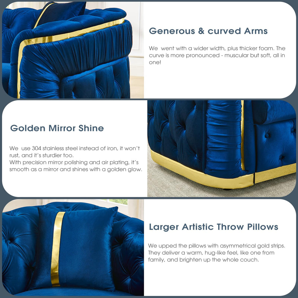 Navy Blue and Gold Velvet Sofa and Loveseat Set with 4 Pillows I830