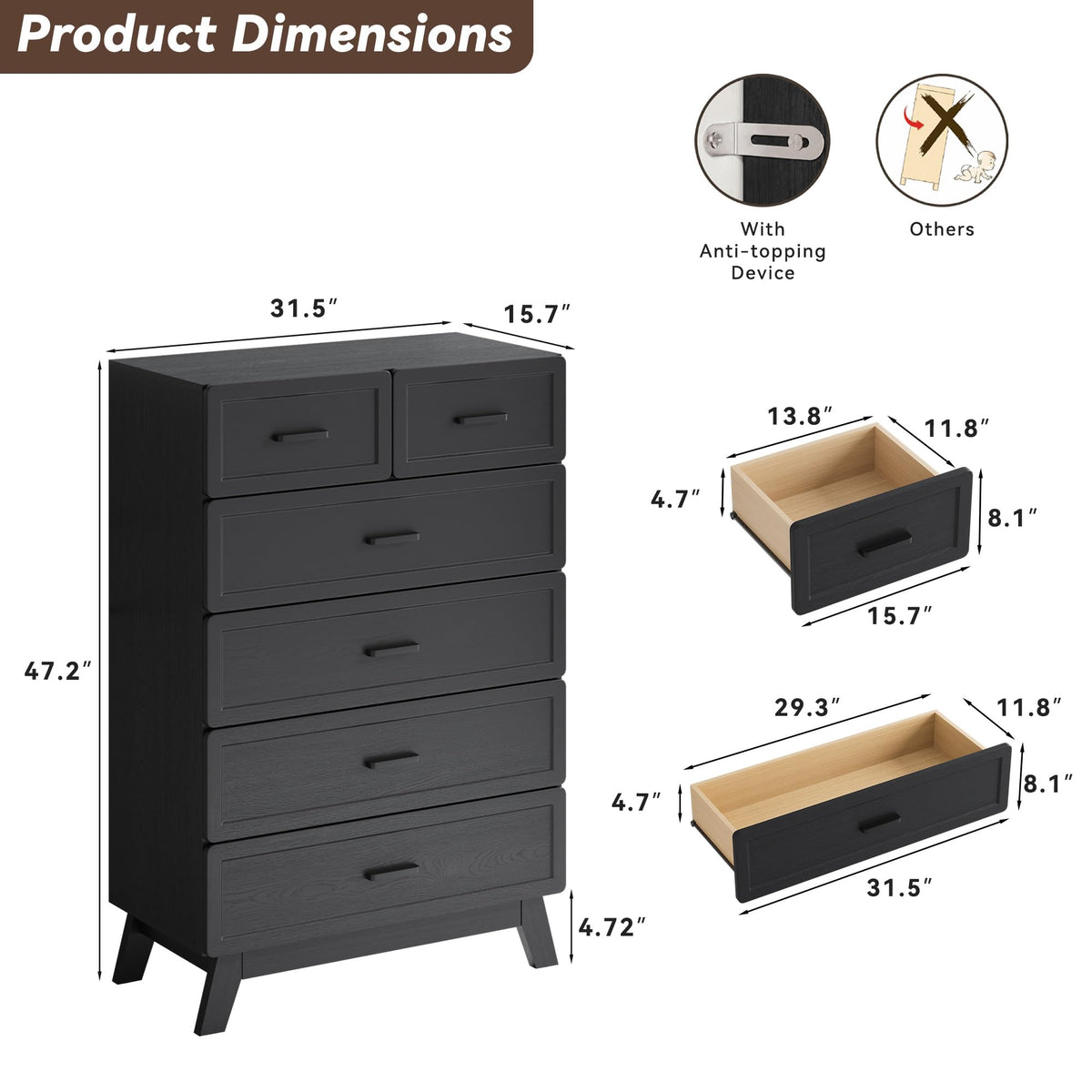 Black 6 Drawer Dresser I7100