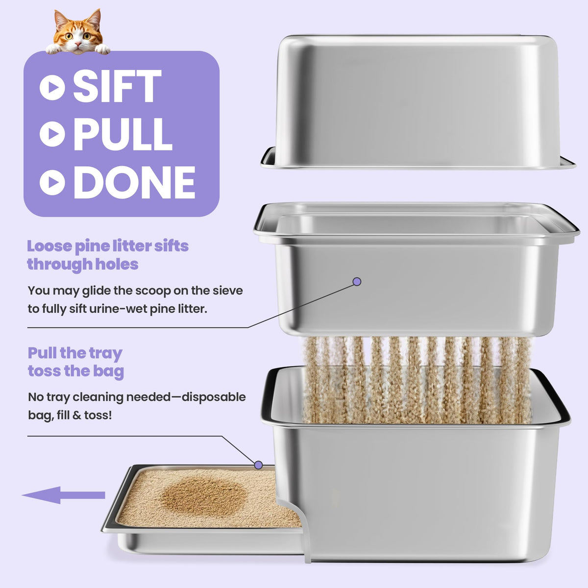 Stainless Steel Sifting Litter Box with Lid E184322