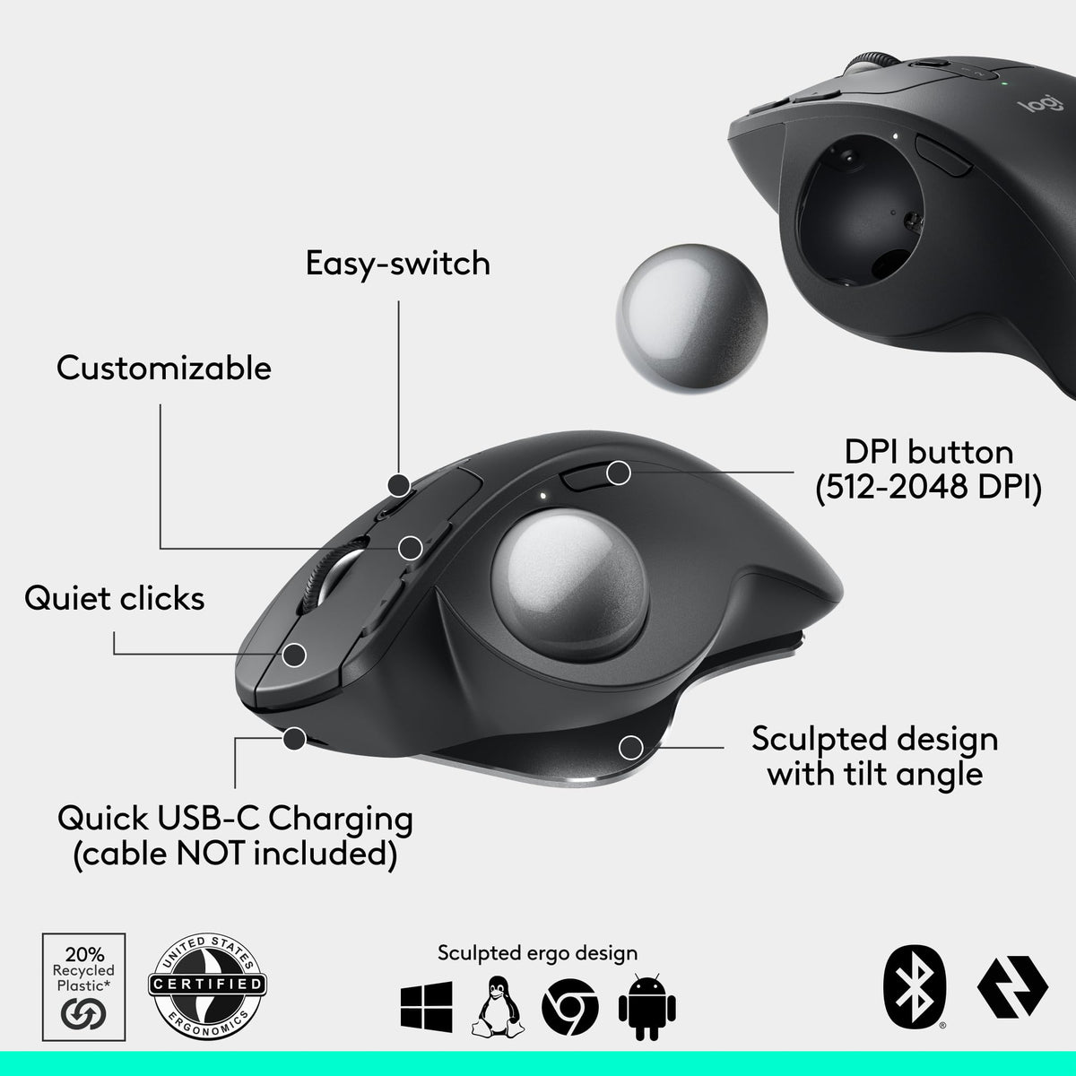 Wireless Trackball Mouse USB C Graphite L9903