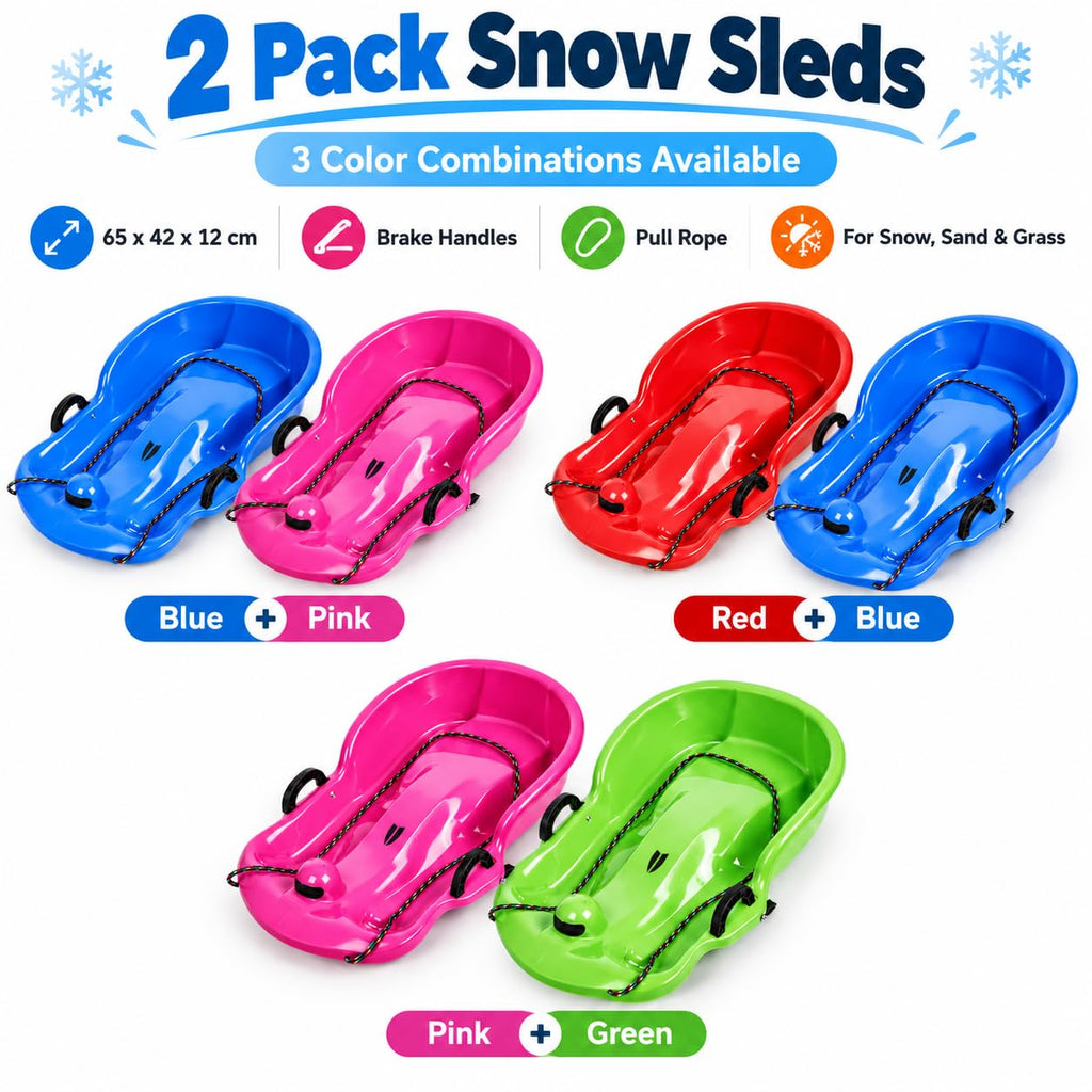 2 Pack 65cm Plastic Snow Sleds with Brake Handles and Pull Rope Q2201