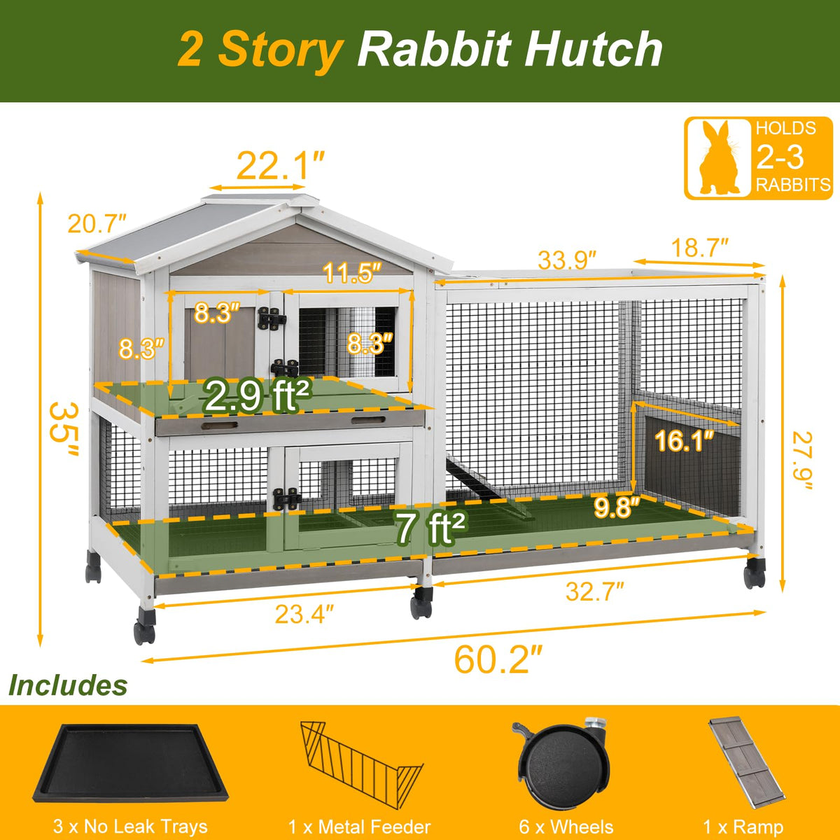 Large Rabbit Hutch with Run 2-Story Bunny Cage 6 Wheels U7433