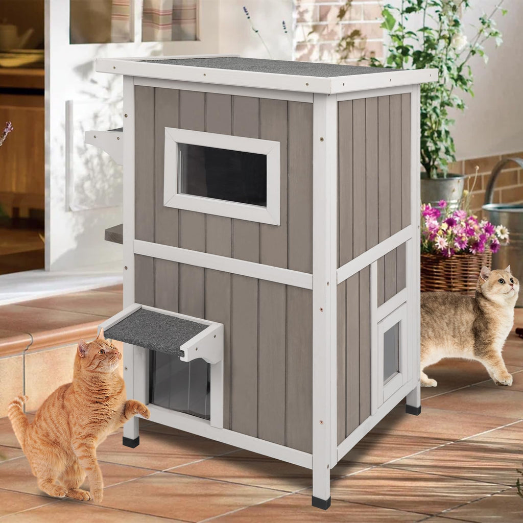 2 Story Weatherproof Wooden Outdoor Cat House Y715534