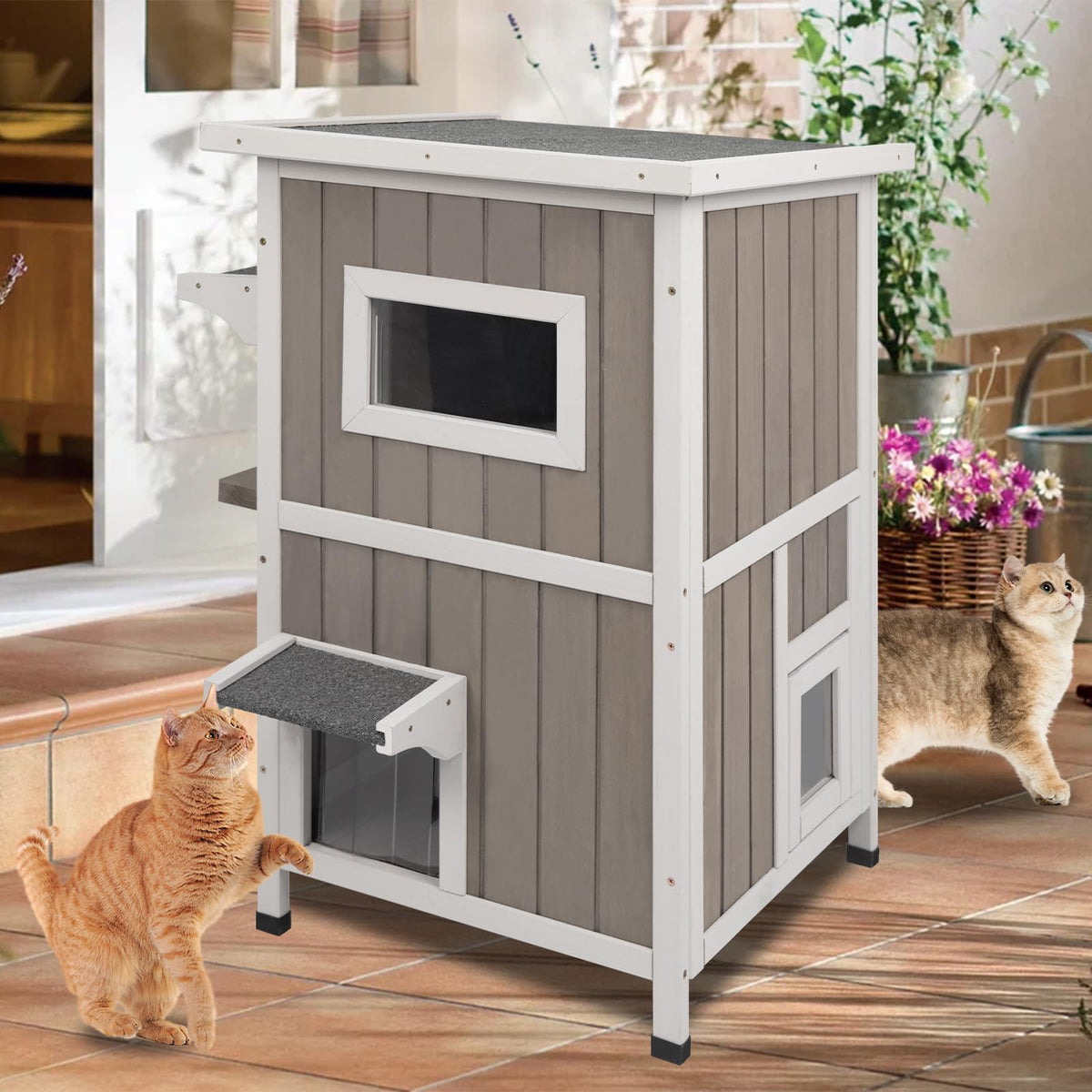 2 Story Weatherproof Wooden Outdoor Cat House Y715534
