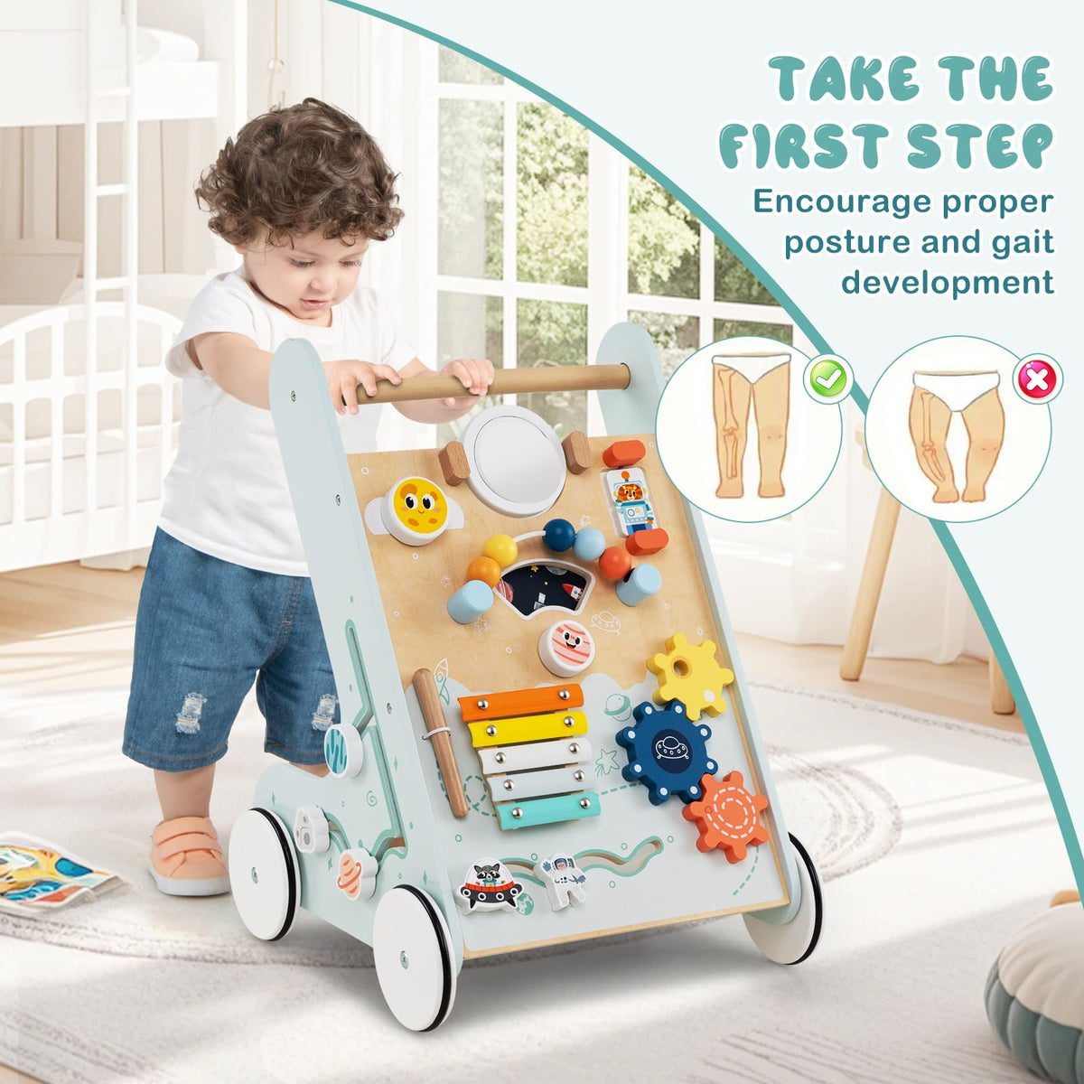 Wooden Baby Walker Push and Pull Learning Activity Center with Wheels Storage Green N61985