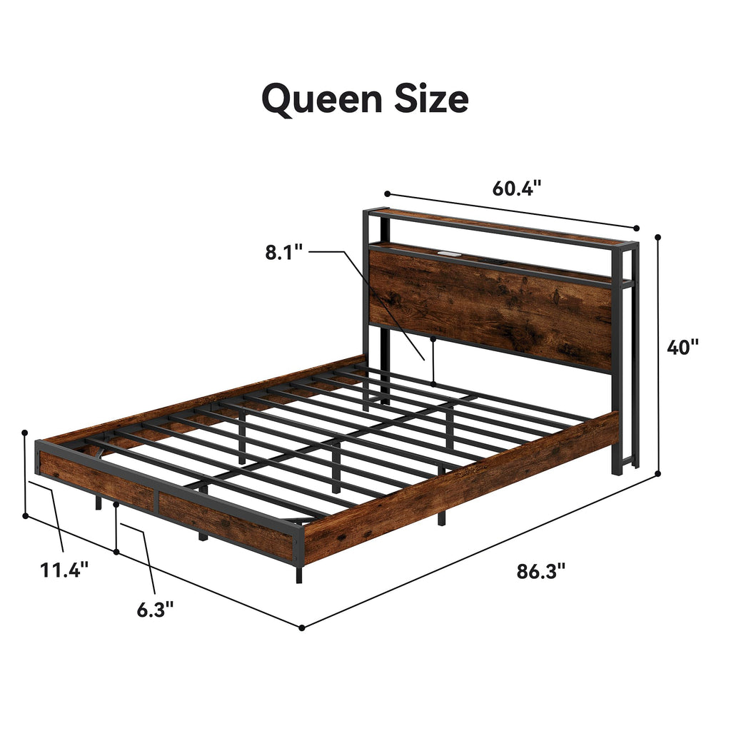 Queen Size Metal Bed Frame with Storage Headboard and Charging Station H23939