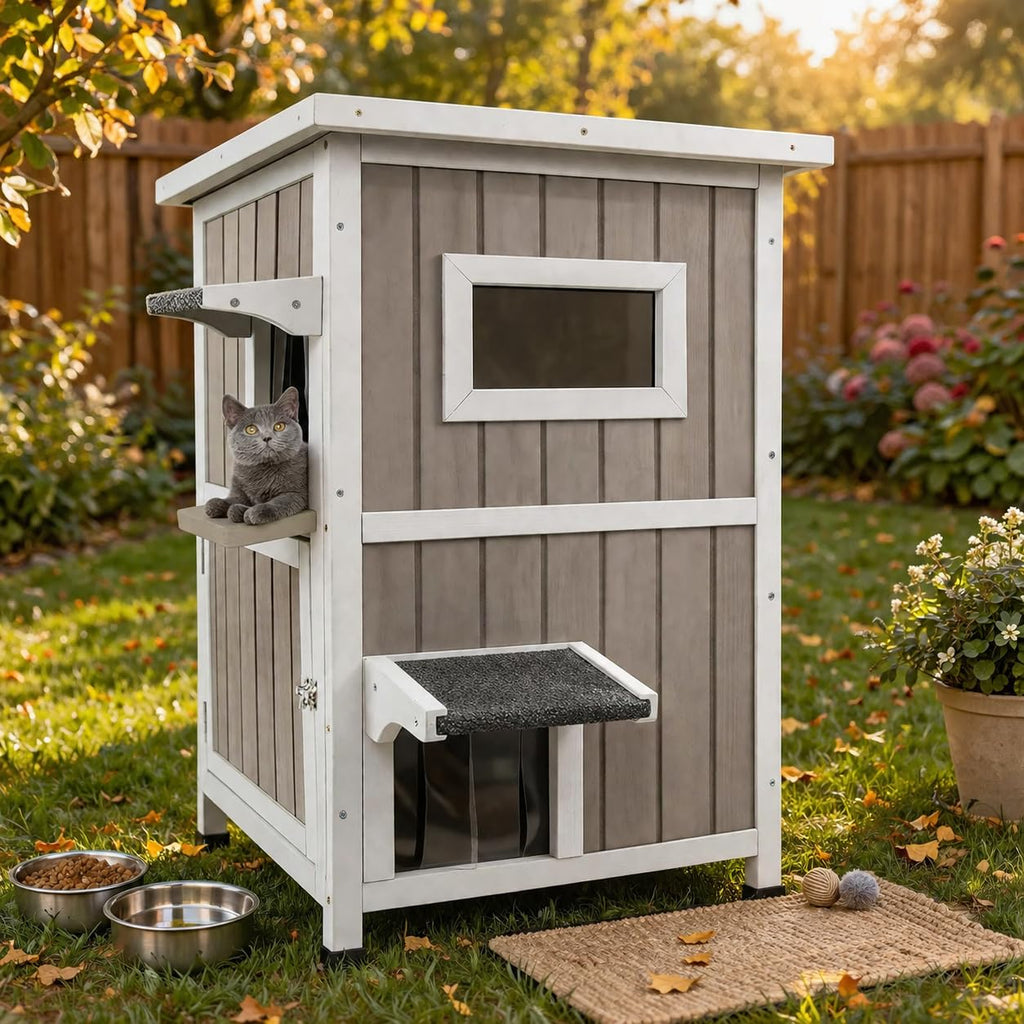 2 Story Weatherproof Wooden Outdoor Cat House Y715534