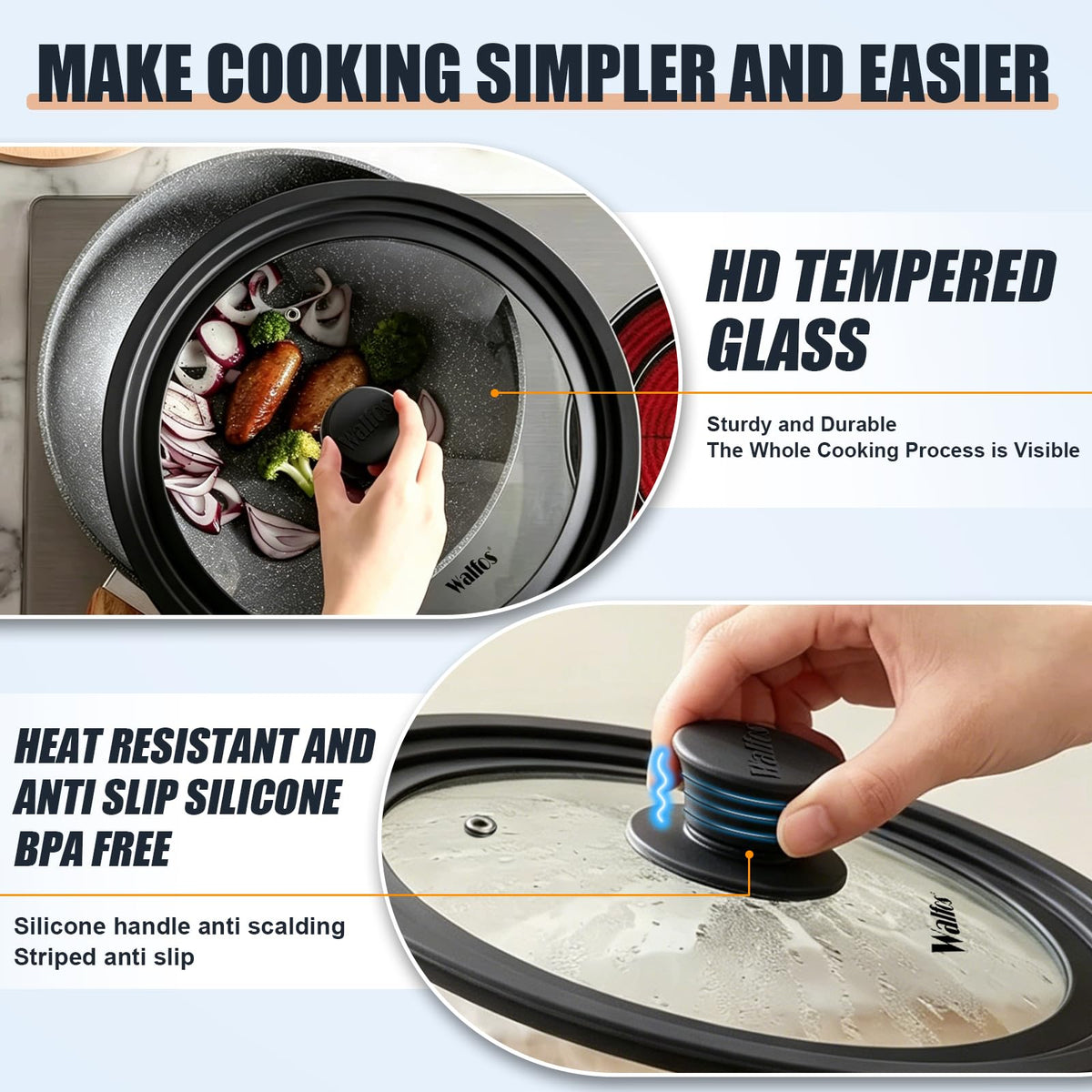 Universal Pan Lid with Heat Resistant Silicone Rim and Tempered Glass, Fits 8" to 12" Cookware T6705