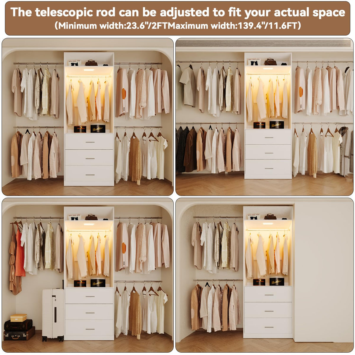 Wooden 11FT Closet Organizer with 3 Drawers and 4 Hanging Rods White P77953