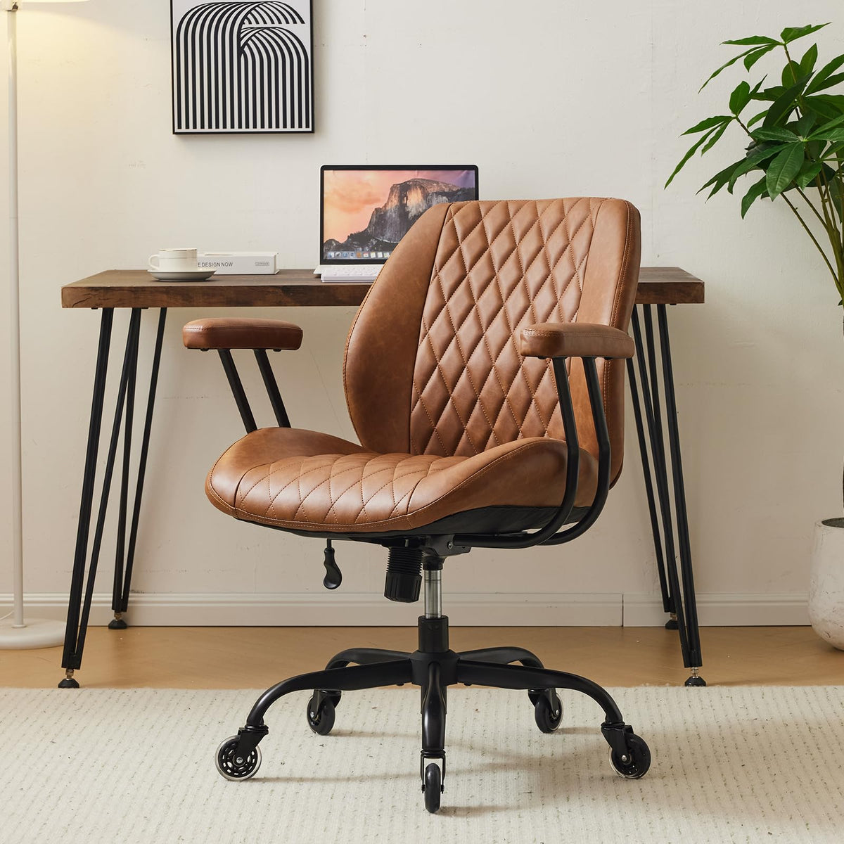 Brown Leather Ergonomic Office Chair with Lumbar Support R854448