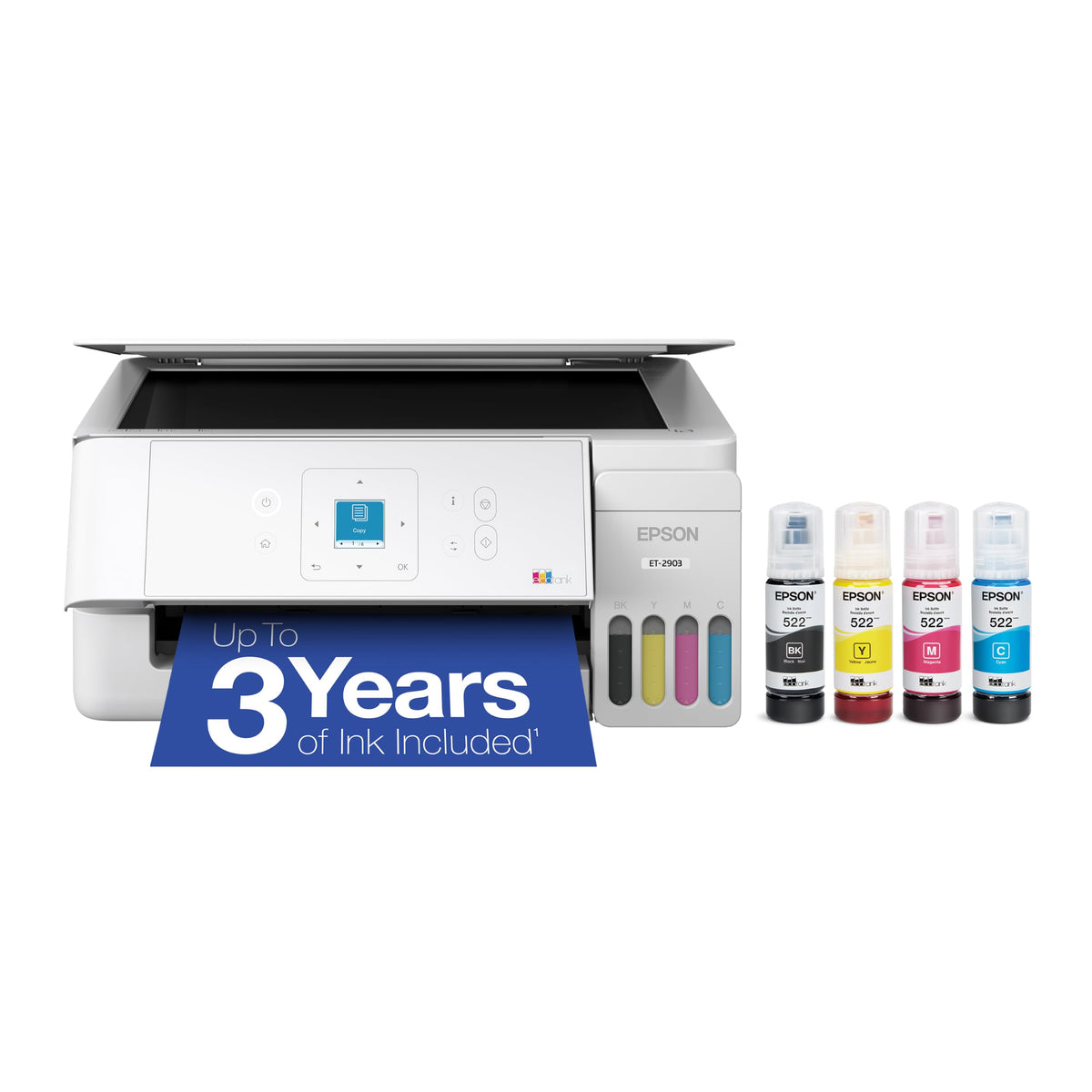 Wireless All-in-One Color Supertank Printer with Refillable Tanks, Scanner, White A1238