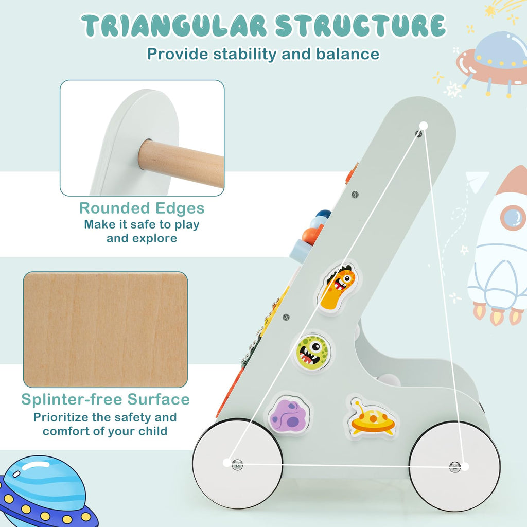 Wooden Baby Walker Push and Pull Learning Activity Center with Wheels Storage Green N61985