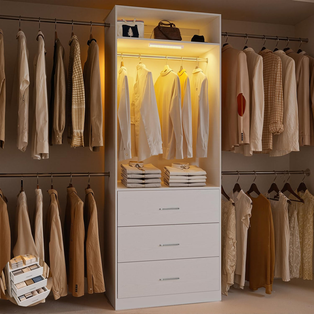 Wooden 11FT Closet Organizer with 3 Drawers and 4 Hanging Rods White P77953
