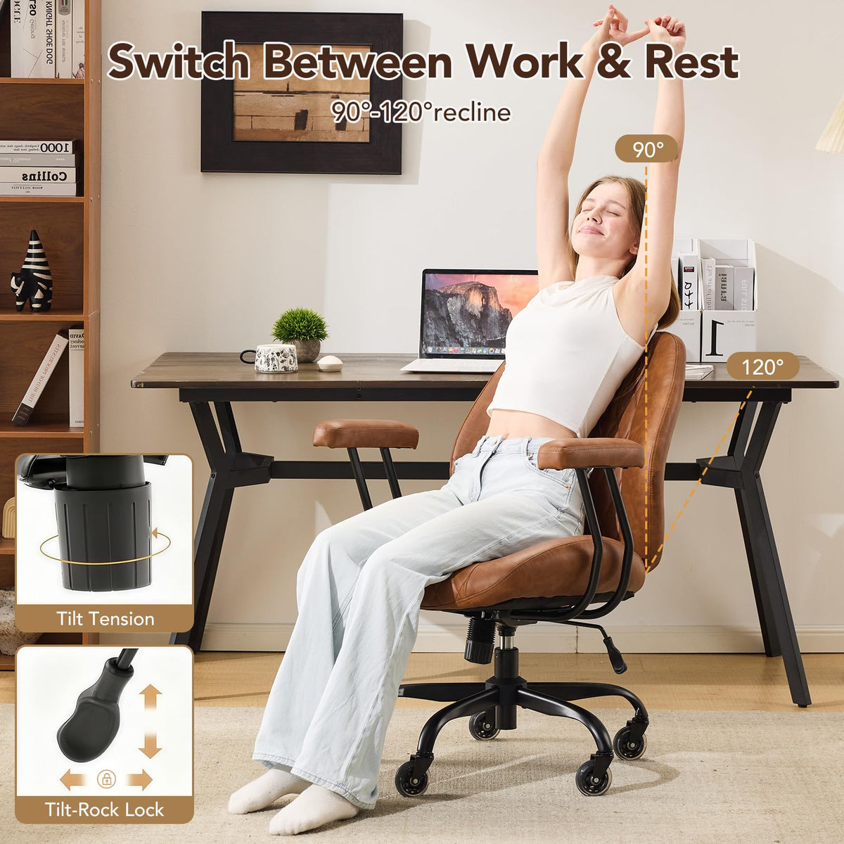 Brown Leather Ergonomic Office Chair with Lumbar Support R854448