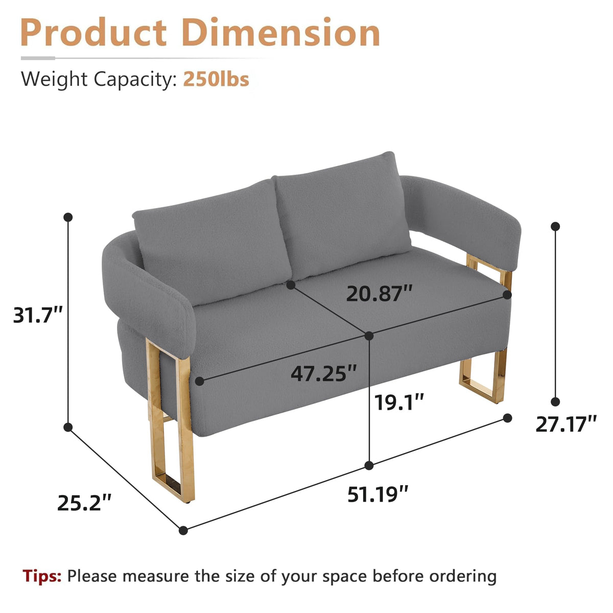 Gray Upholstered Loveseat Sofa and 2 Accent Chairs with Golden Legs M358
