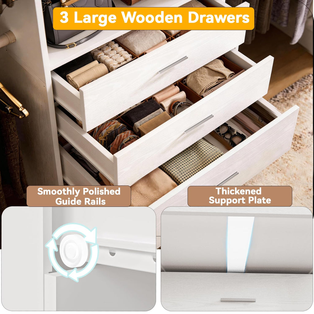 Wooden 11FT Closet Organizer with 3 Drawers and 4 Hanging Rods White P77953