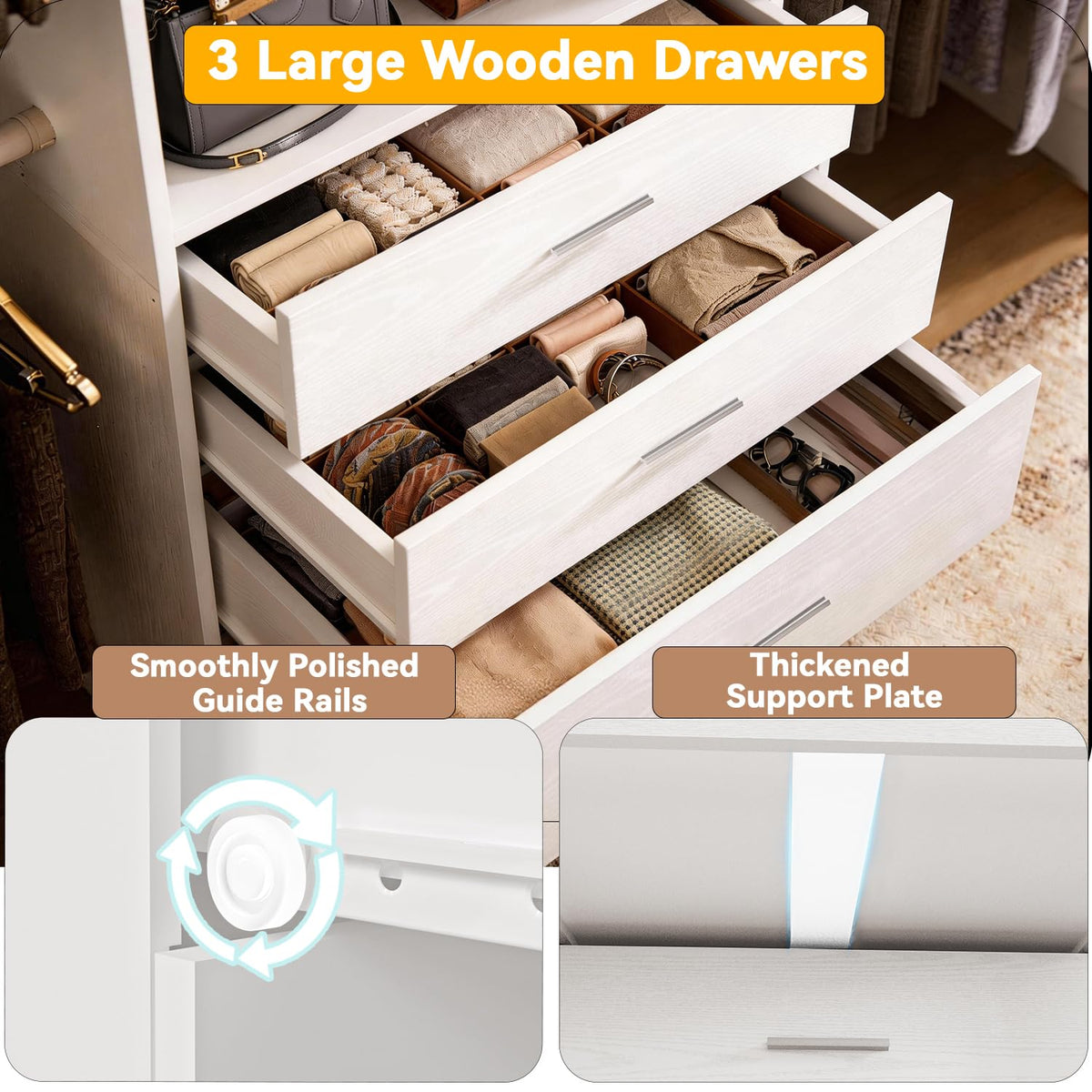 Wooden 11FT Closet Organizer with 3 Drawers and 4 Hanging Rods White P77953