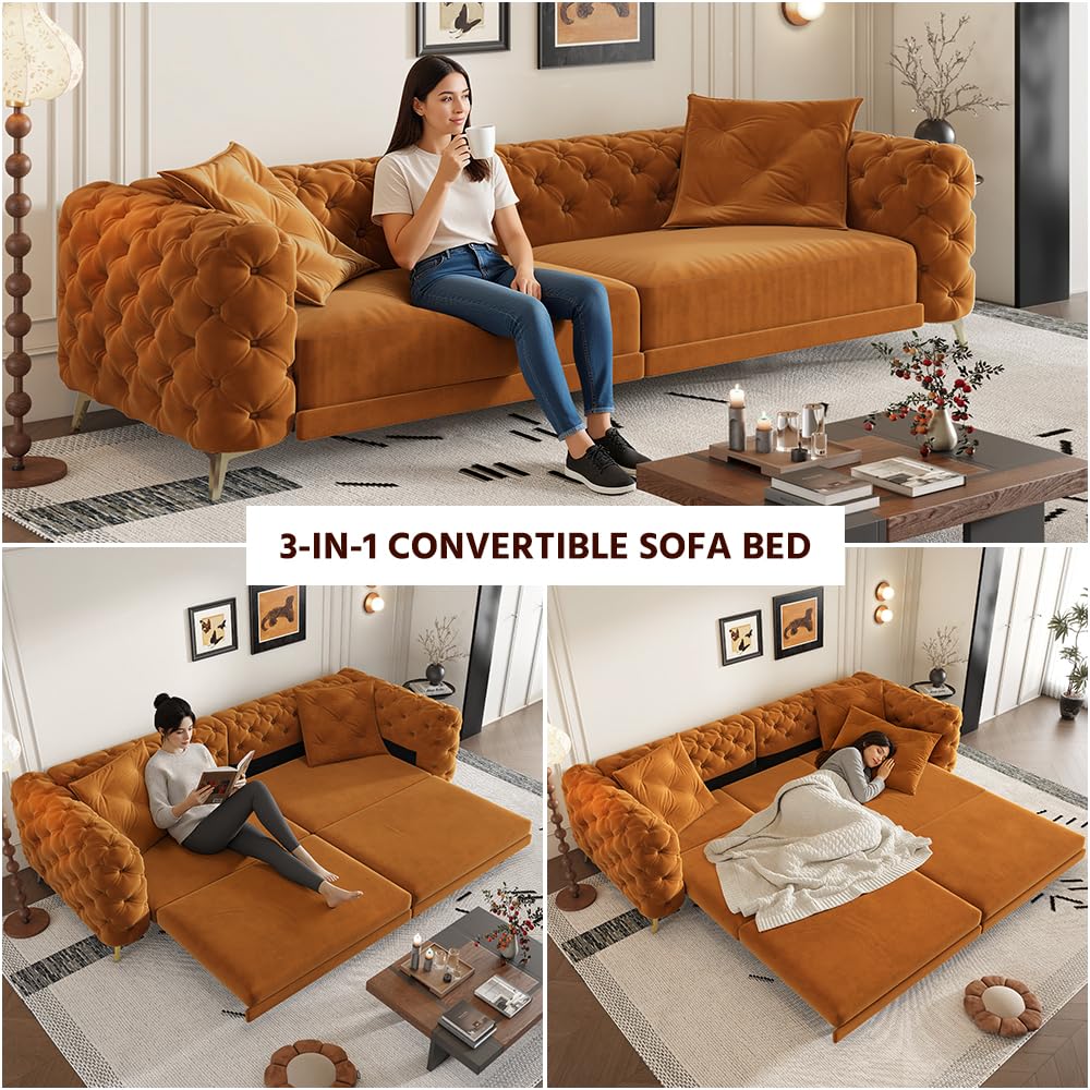 Orange Velvet Convertible Sleeper Sofa with Ottoman F102