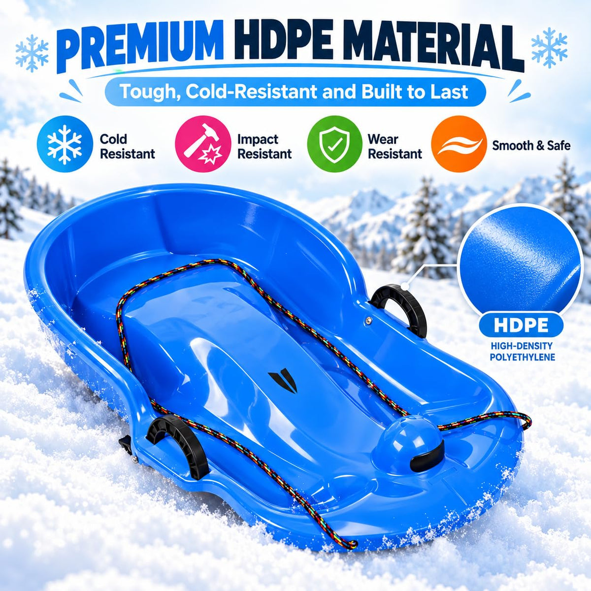 2 Pack 65cm Plastic Snow Sleds with Brake Handles and Pull Rope Q2201