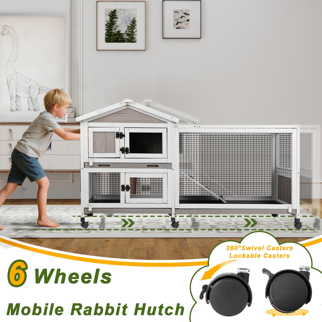 Large Rabbit Hutch with Run 2-Story Bunny Cage 6 Wheels U7433