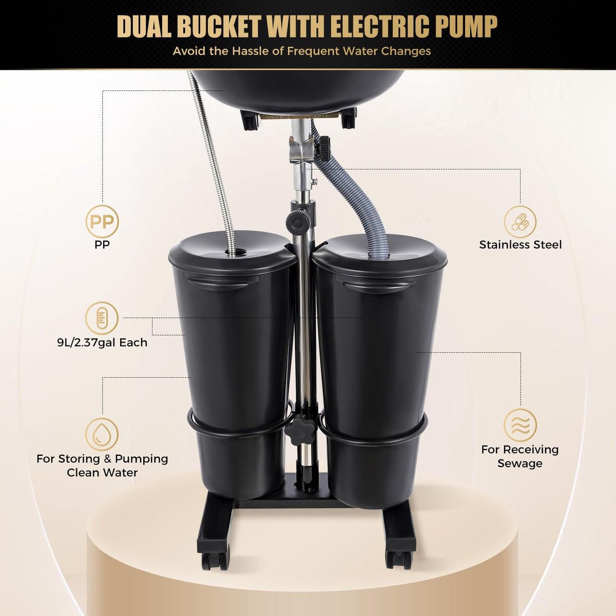 Portable Shampoo Basin with 2 Buckets and Electric Pump I59736