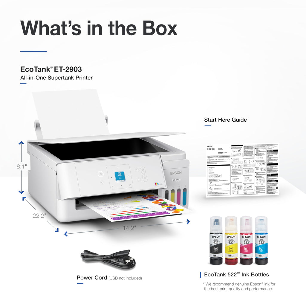 Wireless All-in-One Color Supertank Printer with Refillable Tanks, Scanner, White A1238