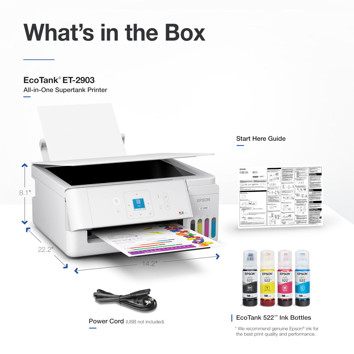 Wireless All-in-One Color Supertank Printer with Refillable Tanks, Scanner, White A1238