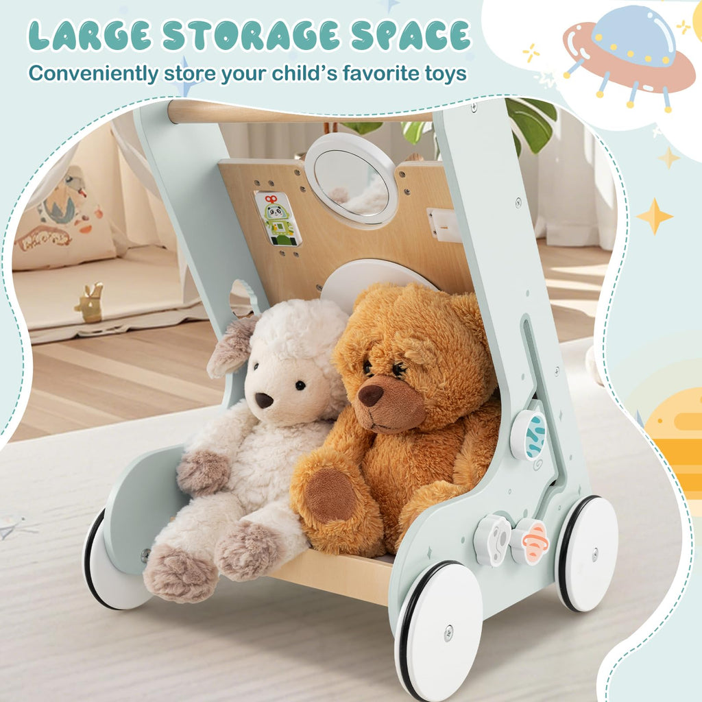 Wooden Baby Walker Push and Pull Learning Activity Center with Wheels Storage Green N61985
