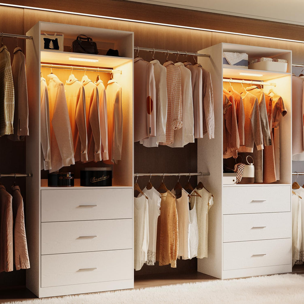 Wooden 11FT Closet Organizer with 3 Drawers and 4 Hanging Rods White P77953