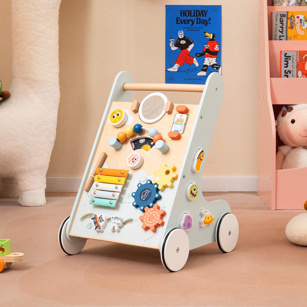 Wooden Baby Walker Push and Pull Learning Activity Center with Wheels Storage Green N61985