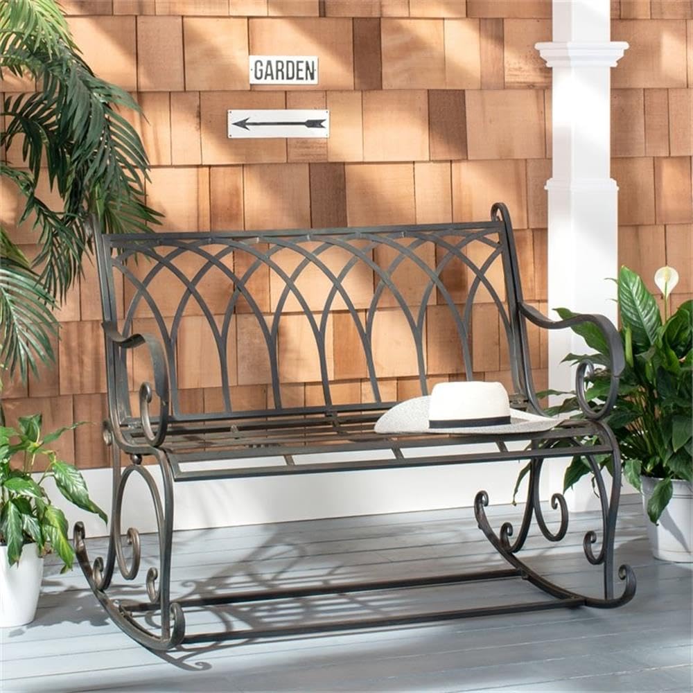 Black Wrought Iron Outdoor Rocking Bench X518